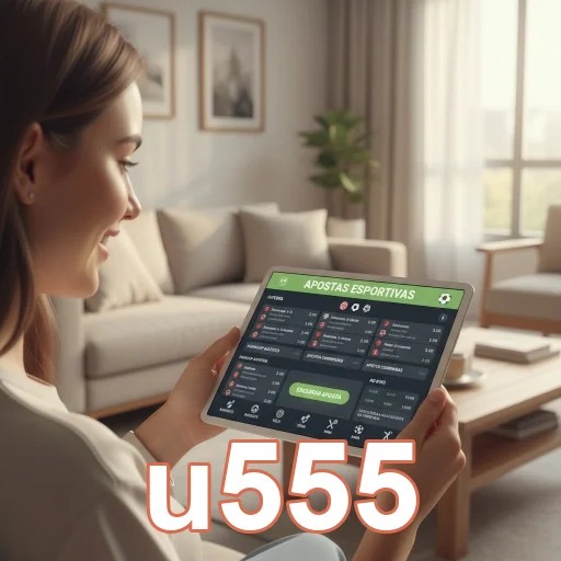 Usuária navegando em u555 com interface de apostas no tablet.