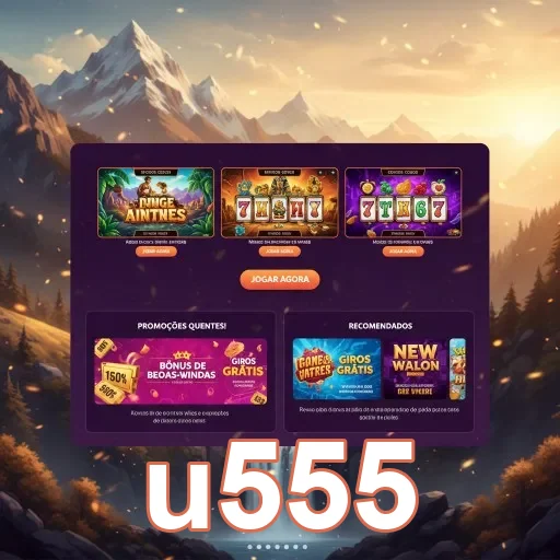 Jogos de slots destacados no site u555 com fundo de montanhas.