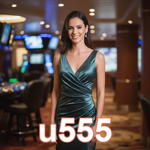 u555 apresenta uma jogadora em ambiente de cassino mobile.