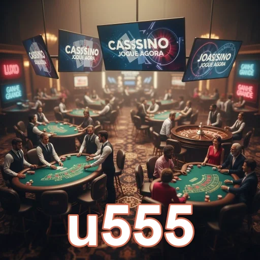 Ambiente de cassino do u555 com jogadores e mesas de jogos.