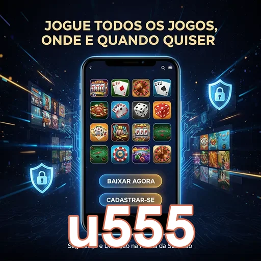 Interface mobile da u555 com jogos e ícones de segurança.
