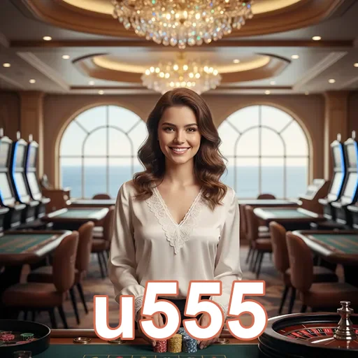 Jogadora em um cassino no u555, rodeada por máquinas de slots.