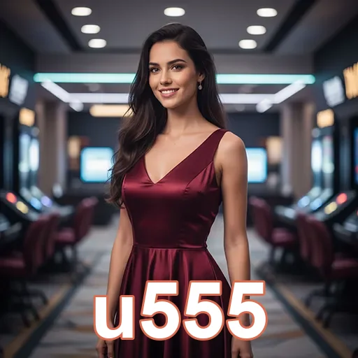 Modelo com vestido vermelho em cassino, promovendo u555.