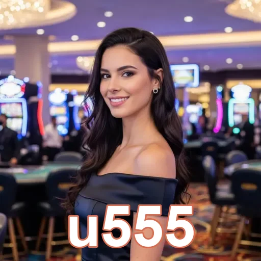 Jogadora confiante em cassino com slots do u555 no fundo.