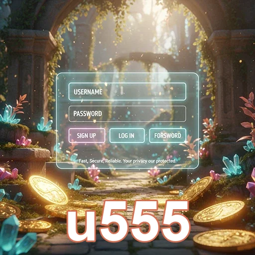 Tela de login do u555 com moedas e cristais em fundo.